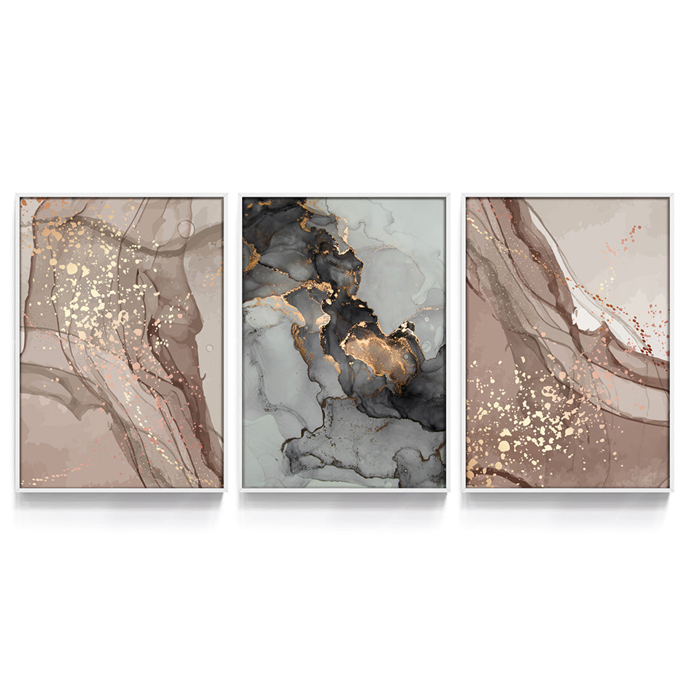 Composição de quadros Abstrato Bege & Dourado Trio