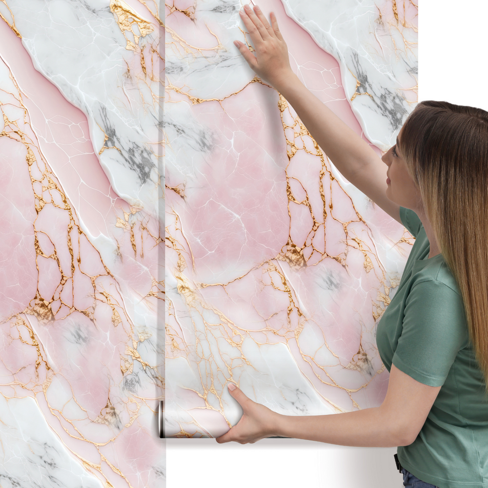 Papel de Parede Adesivo Mármore Rosa e Branco