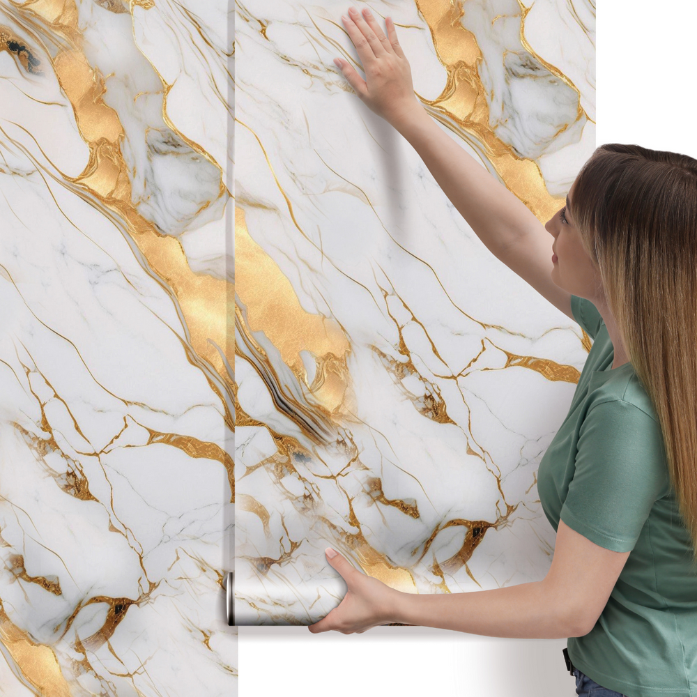 Papel de Parede Adesivo Mármore Dourado e Branco