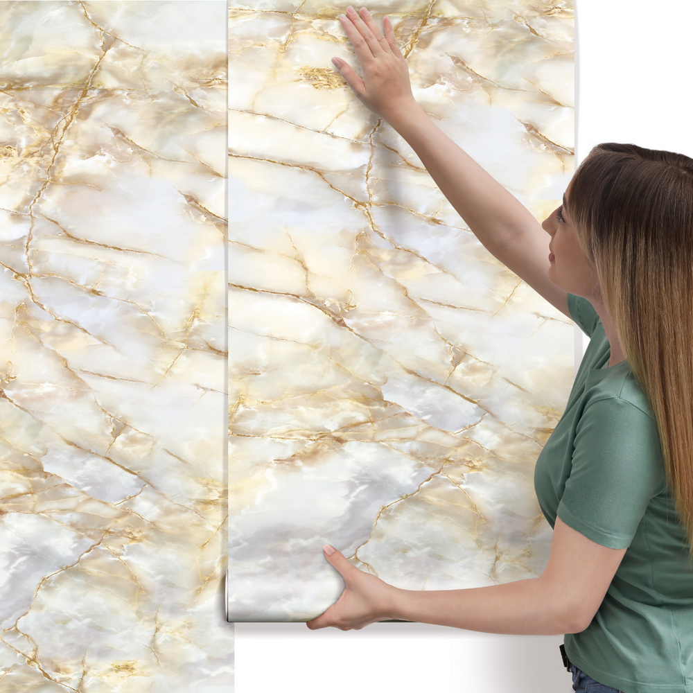 Papel de Parede Adesivo Marmorado Gold e Branco