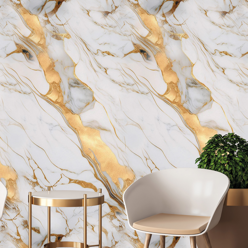 Papel de Parede Adesivo Mármore Dourado e Branco