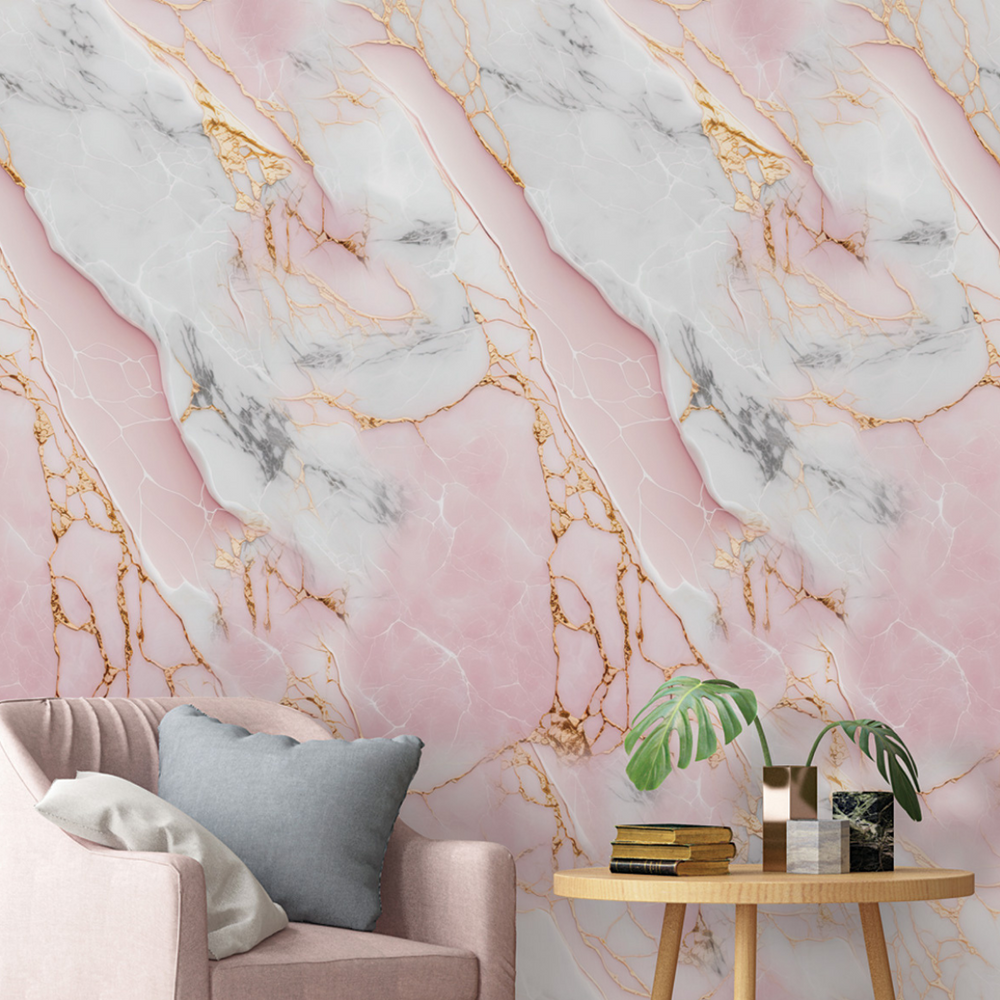 Papel de Parede Adesivo Mármore Rosa e Branco