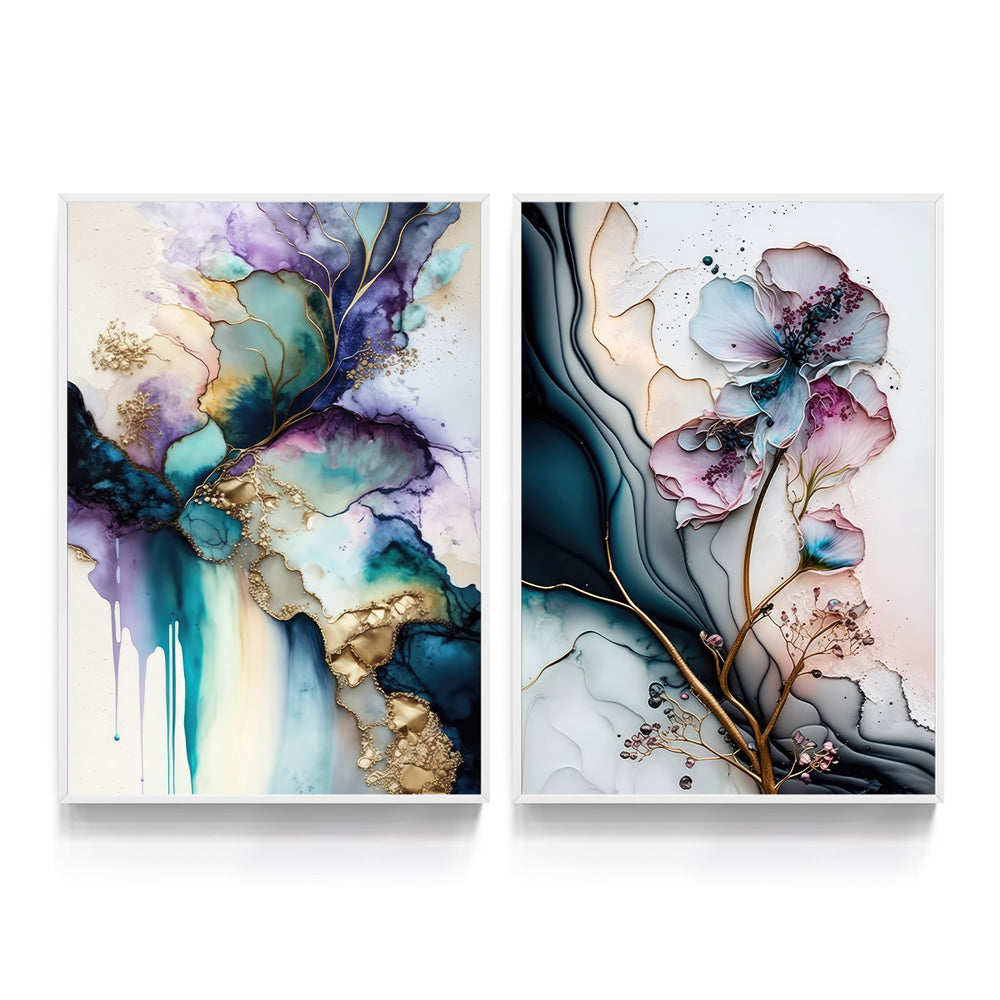 Composição De Quadros Floral Marmorado Abstrato Gold - 60OFF