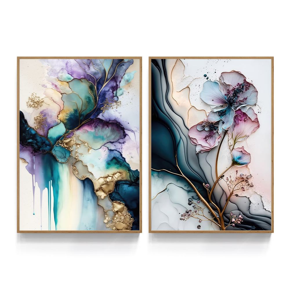 Composição De Quadros Floral Marmorado Abstrato Gold - 60OFF