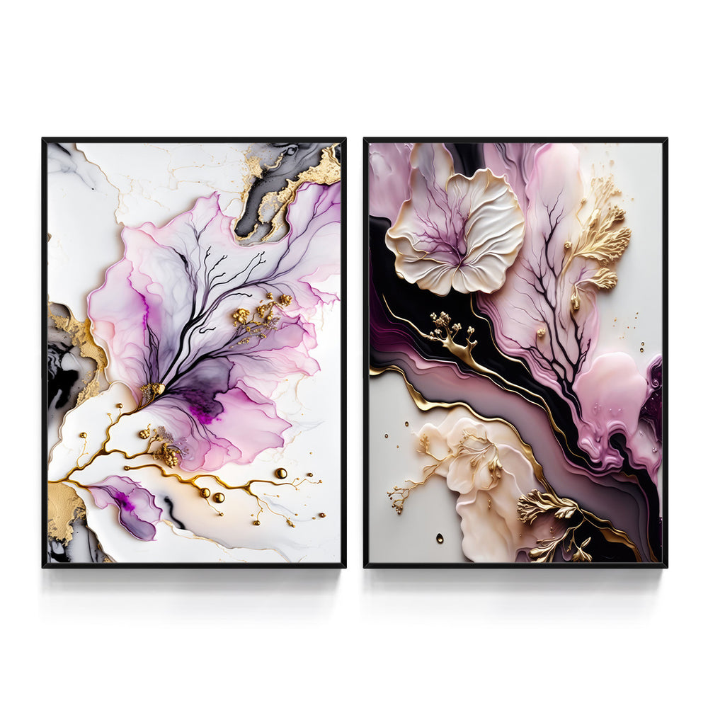 Composição De Quadros Floral Marmorado Abstrato Rosê - 60OFF