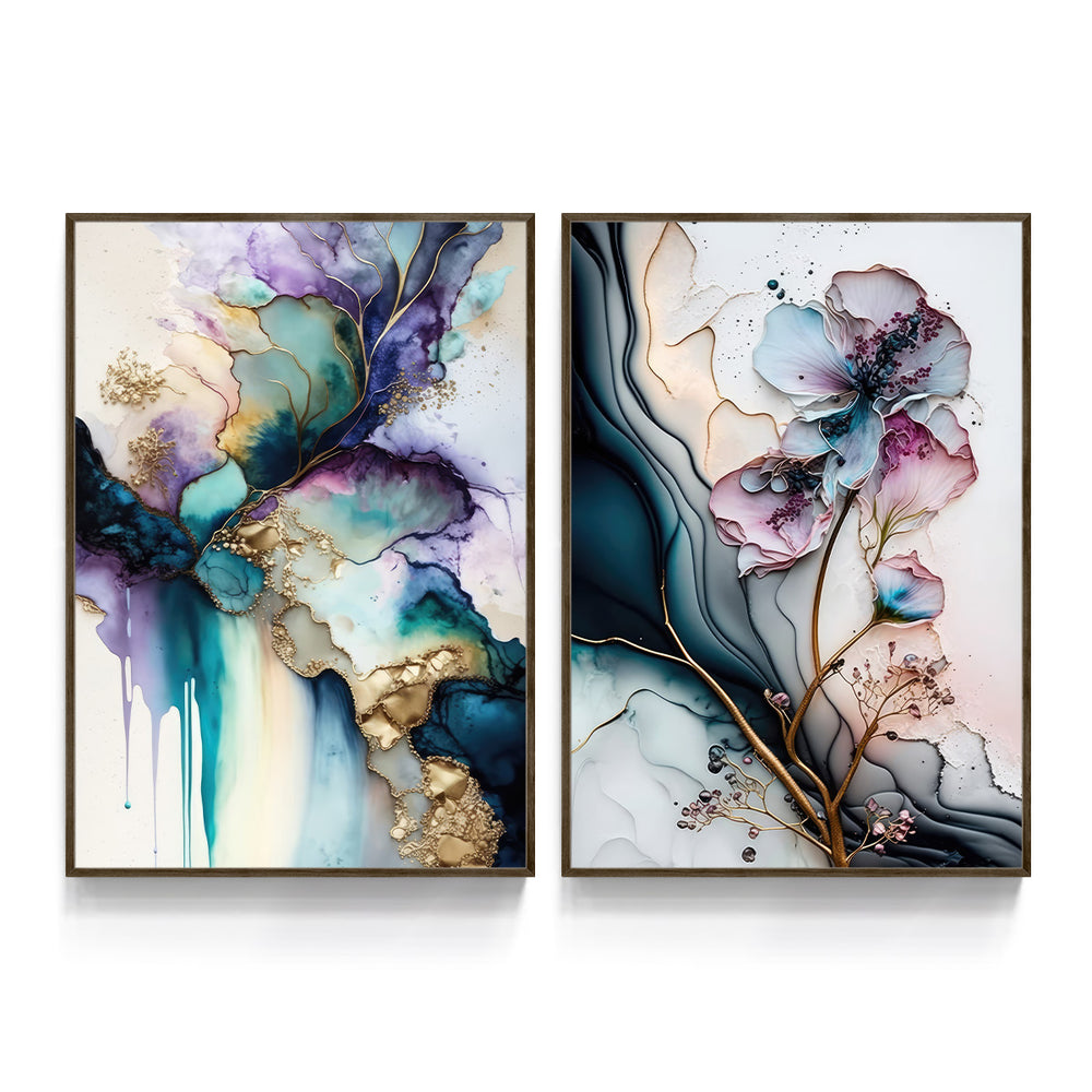 Composição De Quadros Floral Marmorado Abstrato Gold - 60OFF