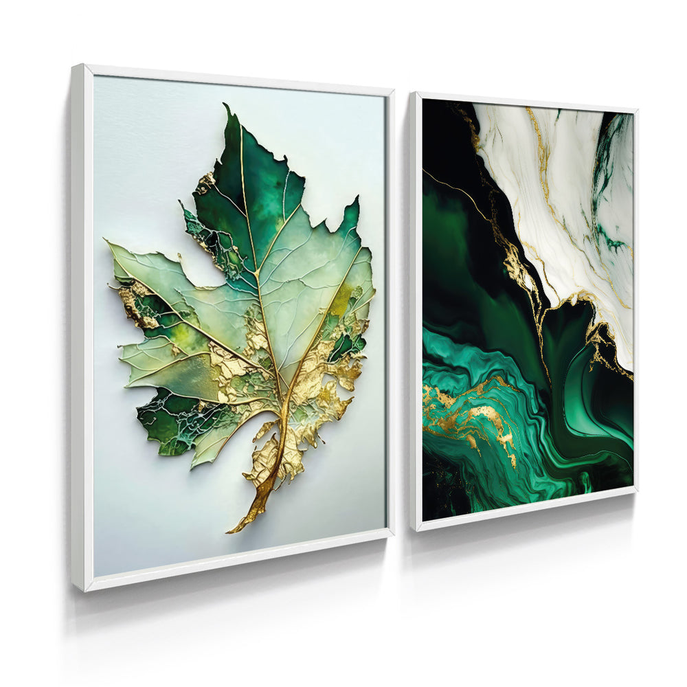 Composição De Quadros Floral Mármore Verde Gold Abstrato