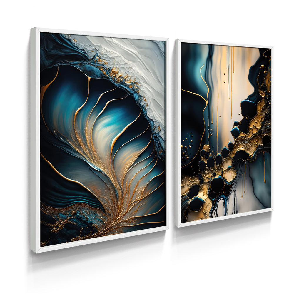 Composição de Quadros Abstrato Mármore Azul Gold