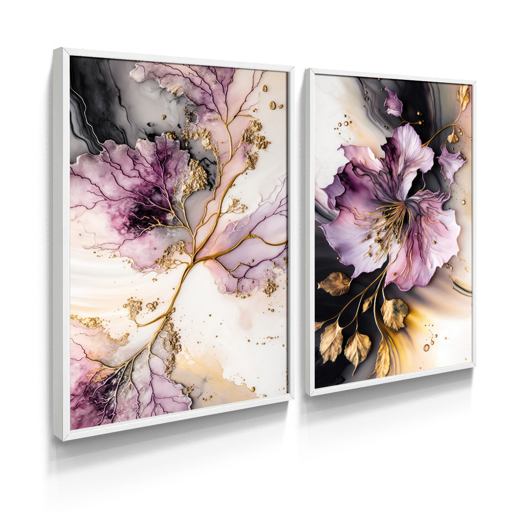 Composição de Quadros Botânico Floral Rosa Gold