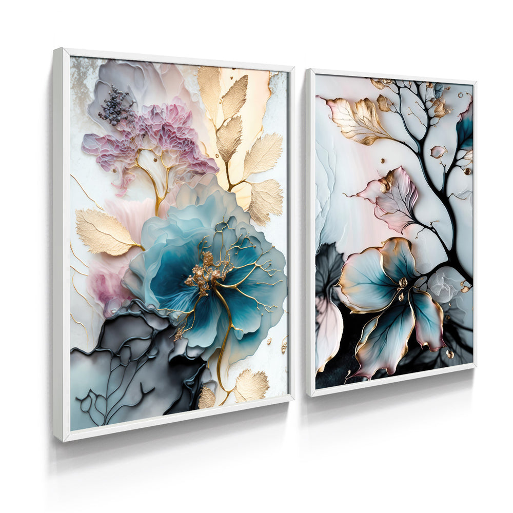 Composição de Quadros Aquarela Floral Botânico Gold