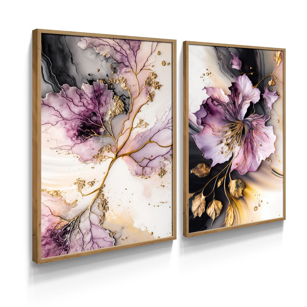 Composição de Quadros Botânico Floral Rosa Gold