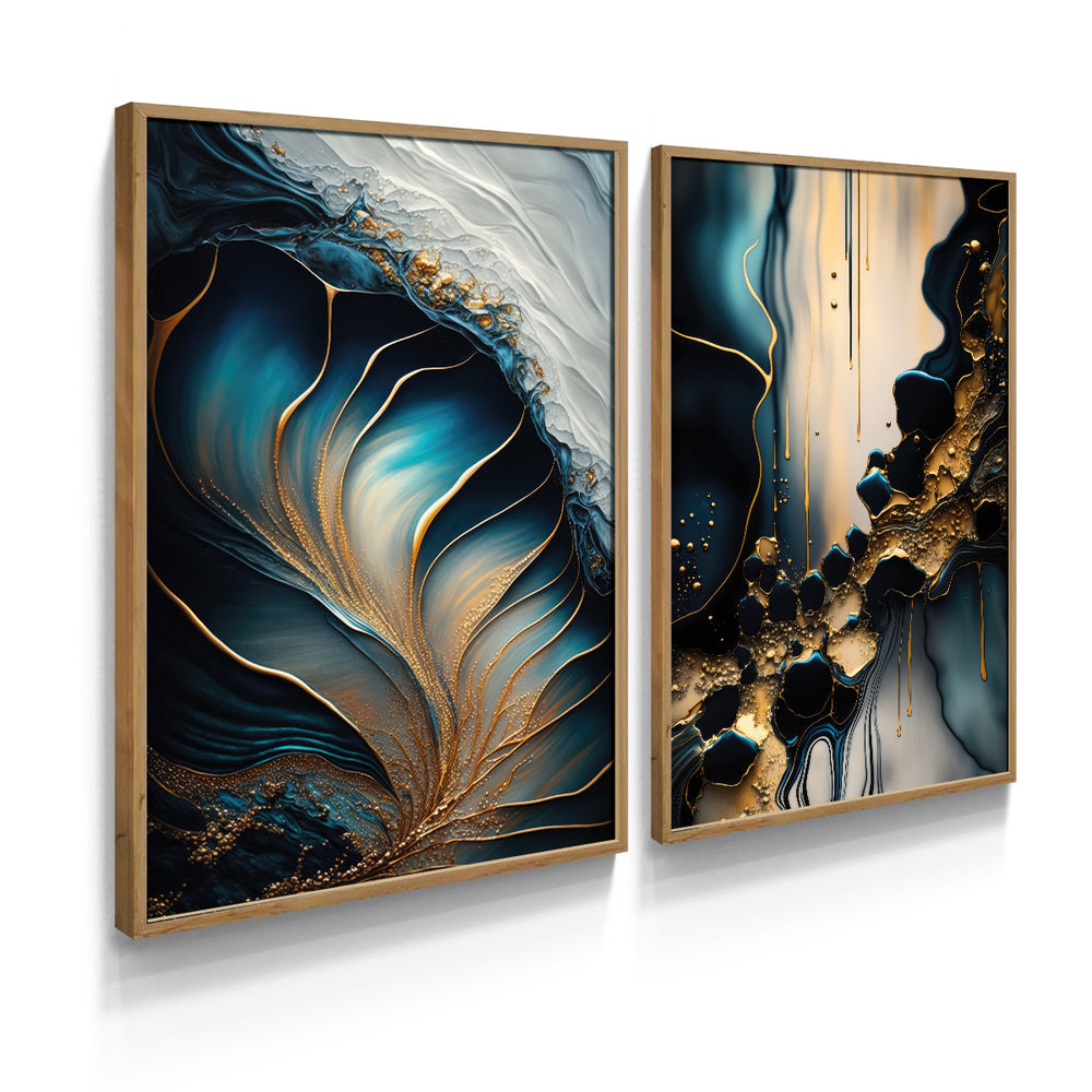 Composição de Quadros Abstrato Mármore Azul Gold