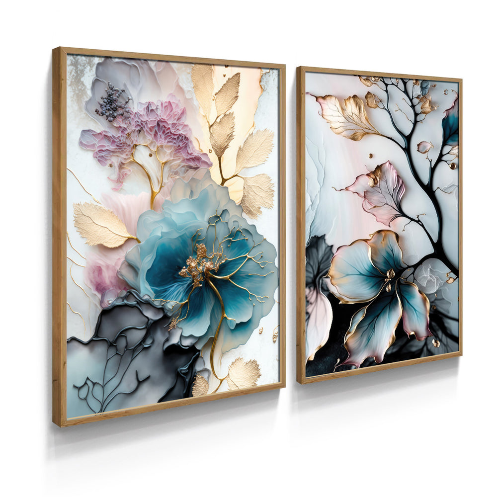 Composição de Quadros Aquarela Floral Botânico Gold
