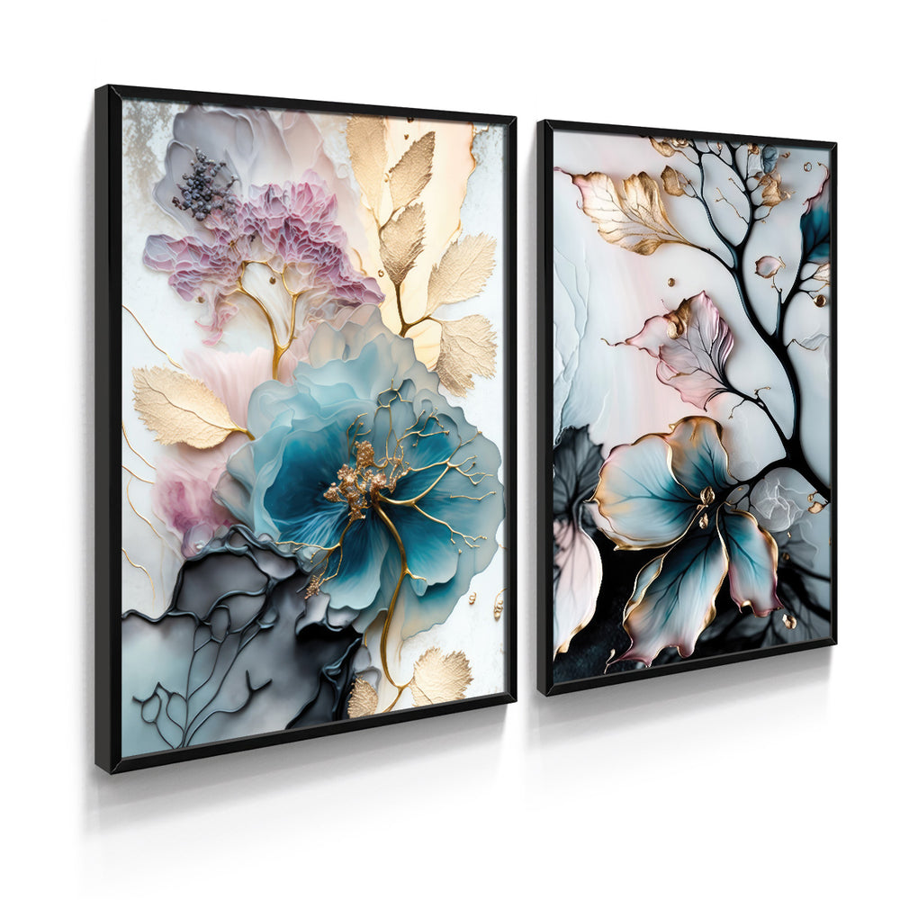 Composição de Quadros Aquarela Floral Botânico Gold