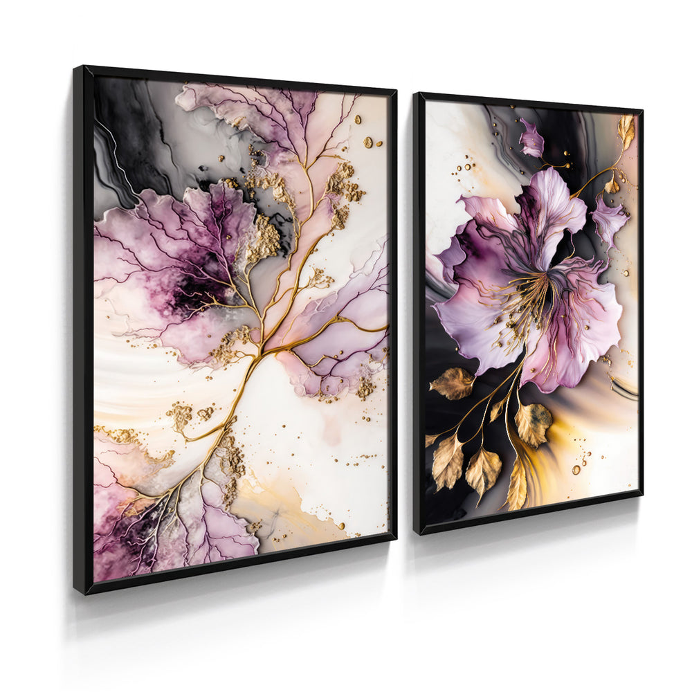 Composição de Quadros Botânico Floral Rosa Gold