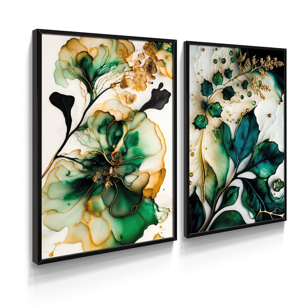 Composição De Quadros Flores Abstrato Aquarela Mármore