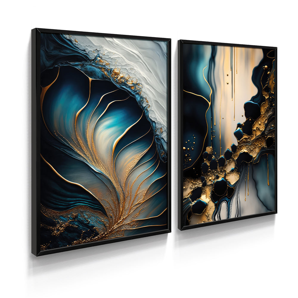 Composição de Quadros Abstrato Mármore Azul Gold