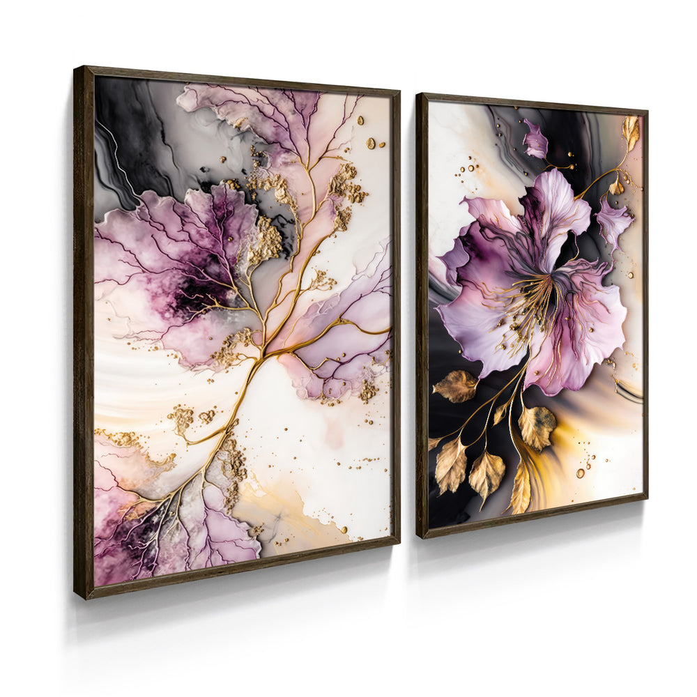Composição de Quadros Botânico Floral Rosa Gold