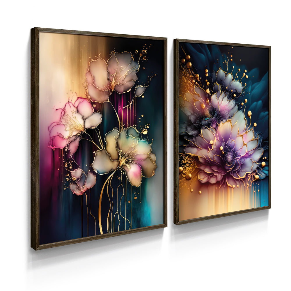 Composição De Quadros Floral Buquê de Rosas e Ibisco Abstrato