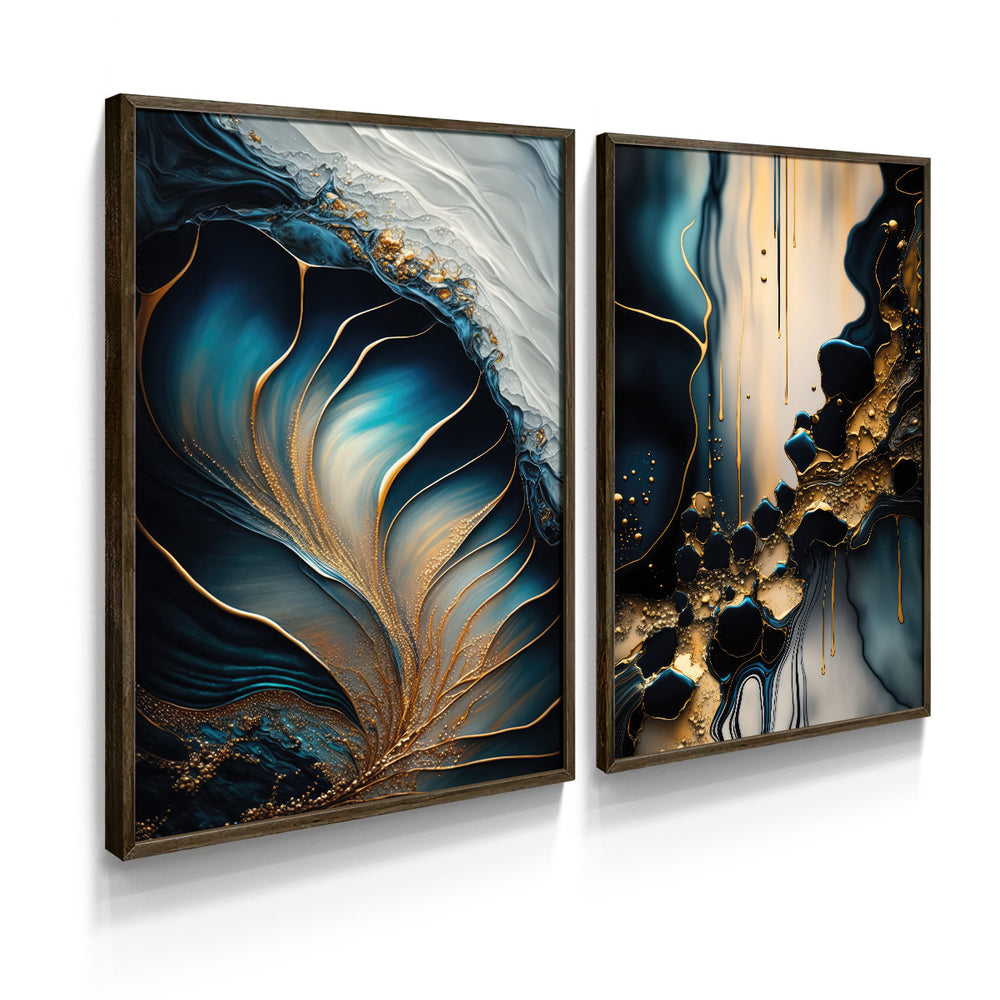 Composição de Quadros Abstrato Mármore Azul Gold