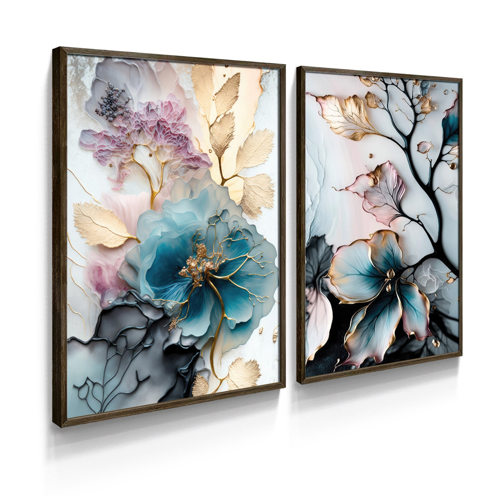 Composição de Quadros Aquarela Floral Botânico Gold