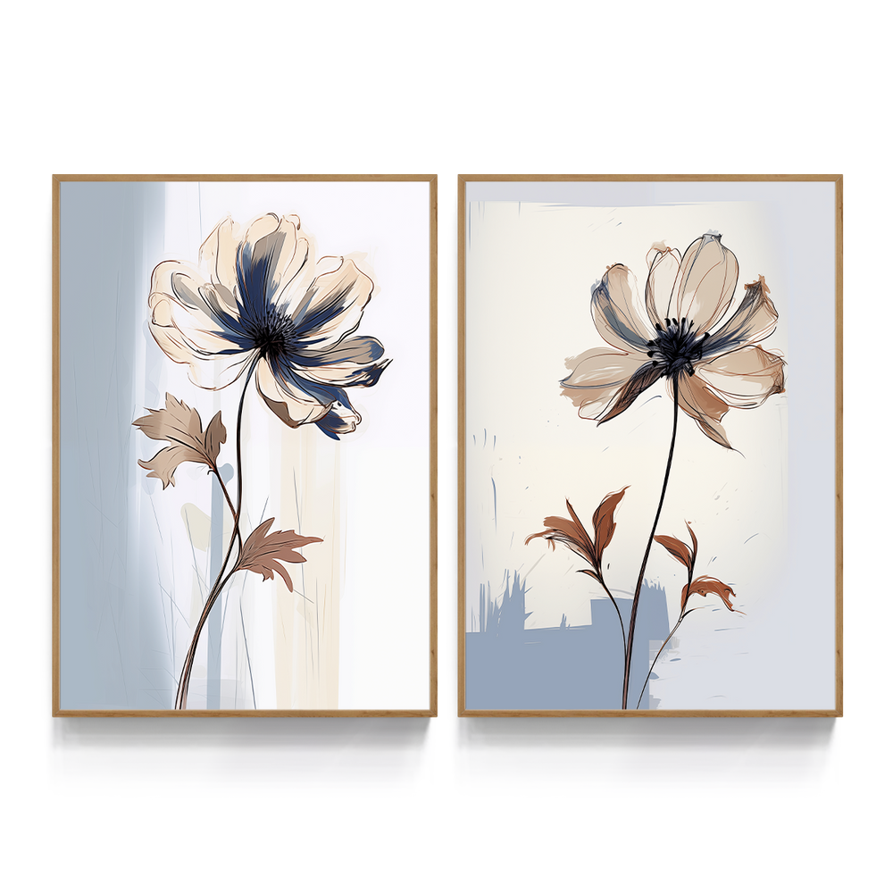 Composição de Quadros Floral Abstrato Azul