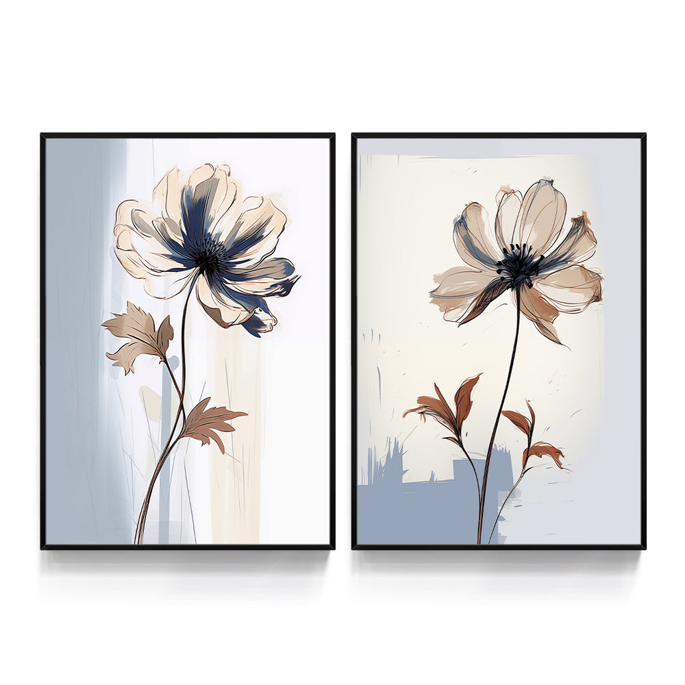 Composição de Quadros Floral Abstrato Azul