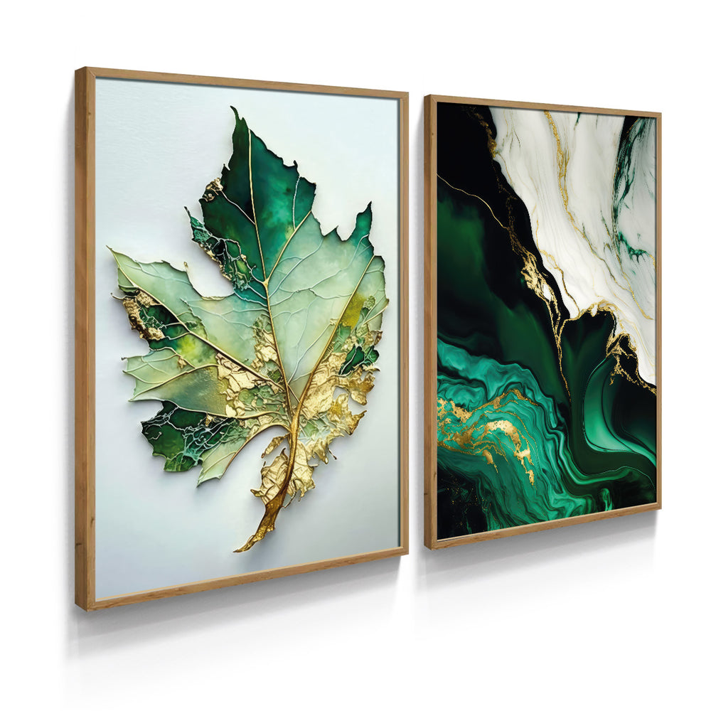 Composição De Quadros Floral  Mármore Verde Gold Abstrato