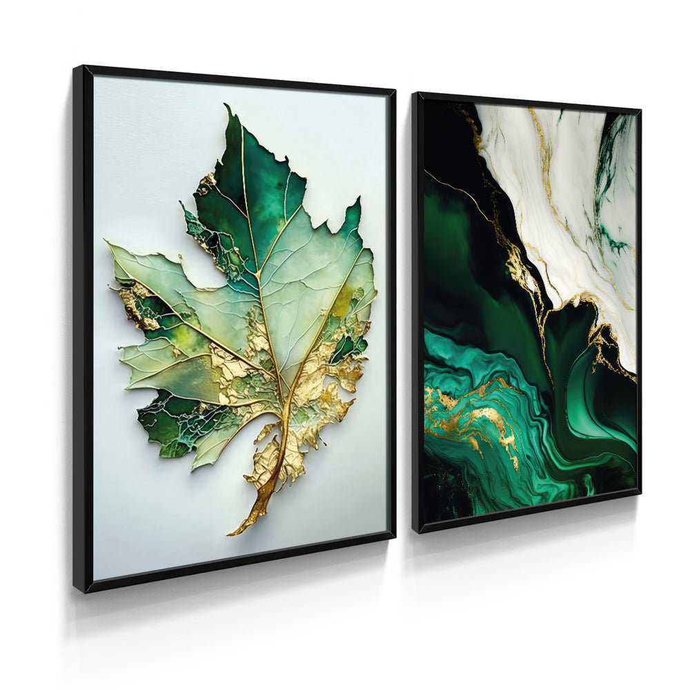 Composição De Quadros Floral  Mármore Verde Gold Abstrato