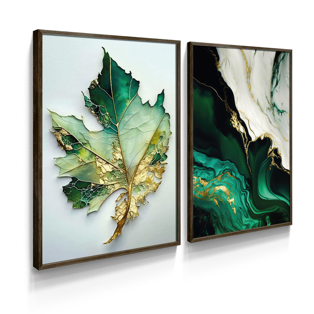 Composição De Quadros Floral  Mármore Verde Gold Abstrato