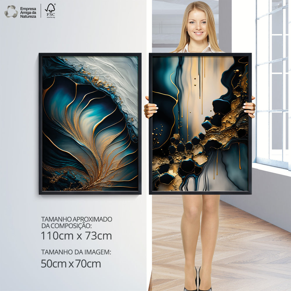 Composição de Quadros Abstrato Mármore Azul Gold