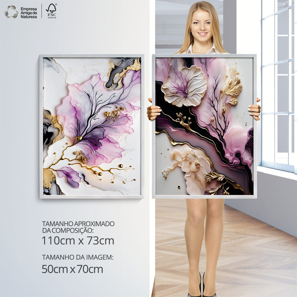 Composição De Quadros Floral Marmorado Abstrato Rosê - 60OFF