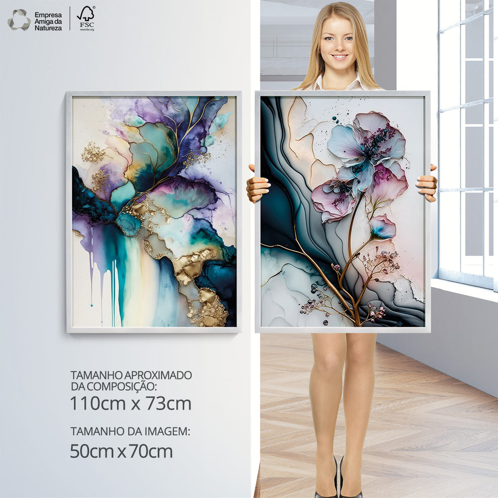 Composição De Quadros Floral Marmorado Abstrato Gold - 60OFF