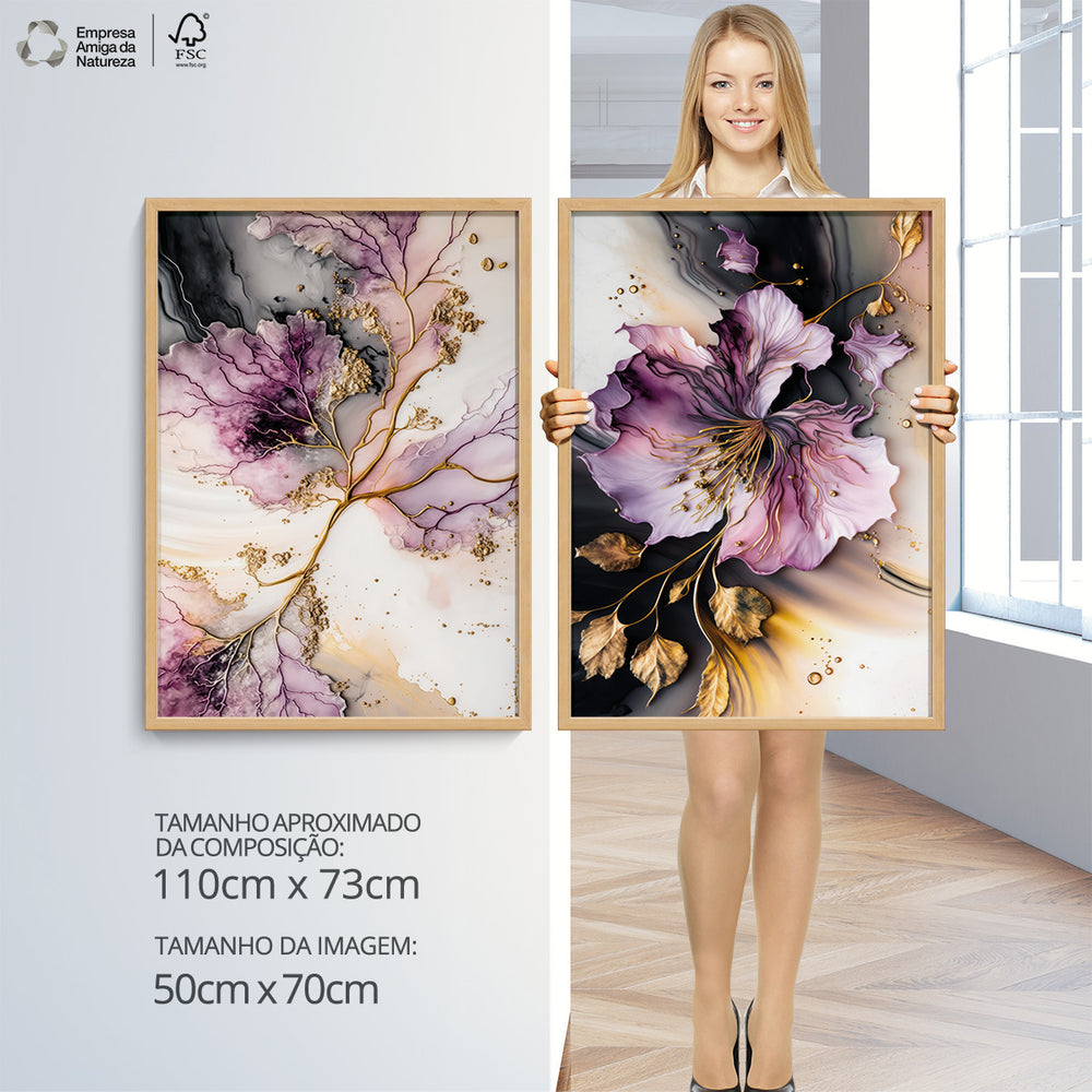 Composição de Quadros Botânico Floral Rosa Gold