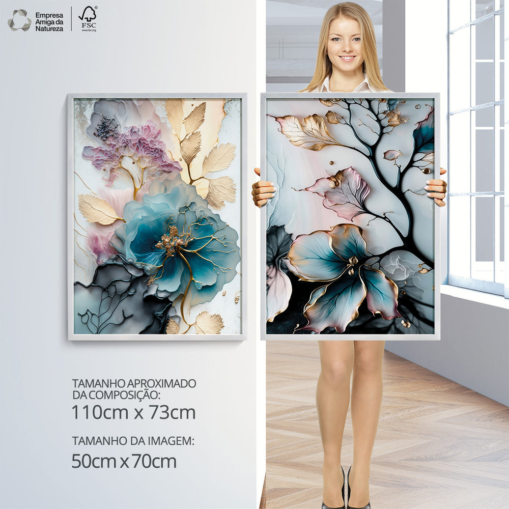 Composição de Quadros Aquarela Floral Botânico Gold