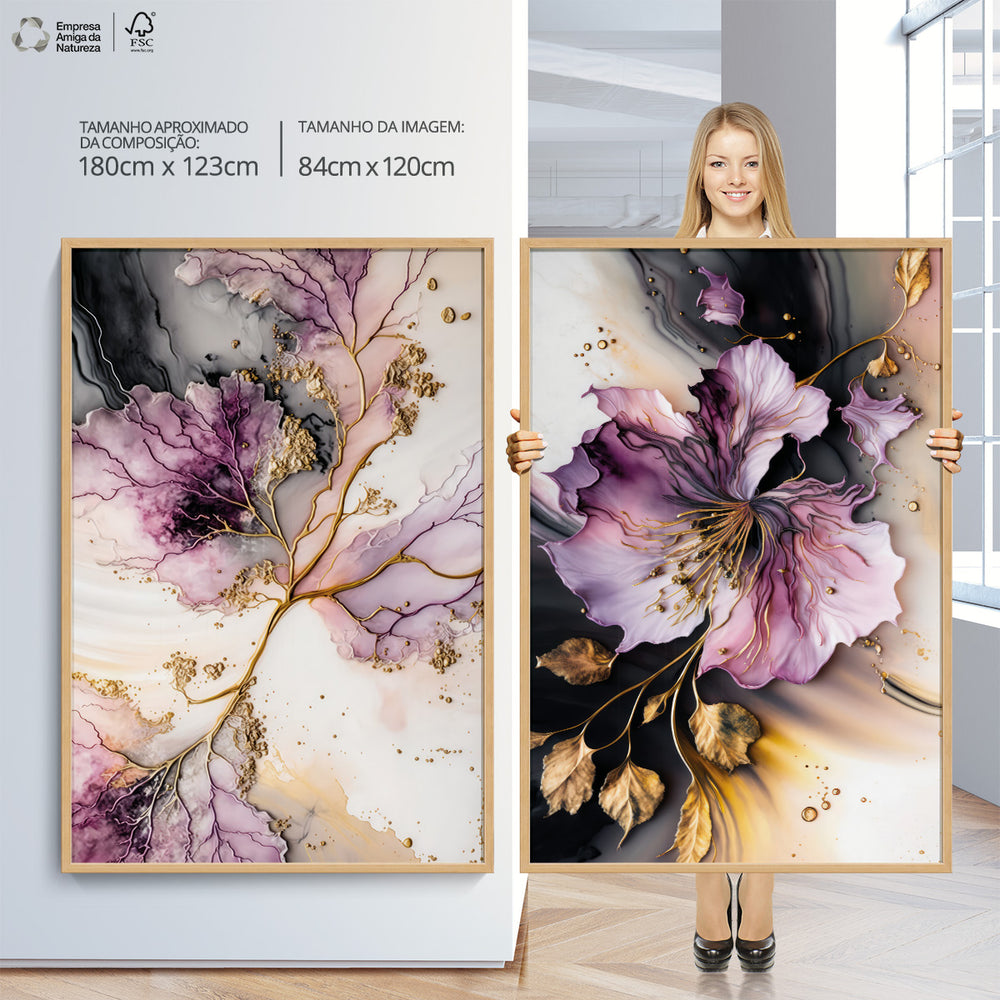 Composição de Quadros Botânico Floral Rosa Gold