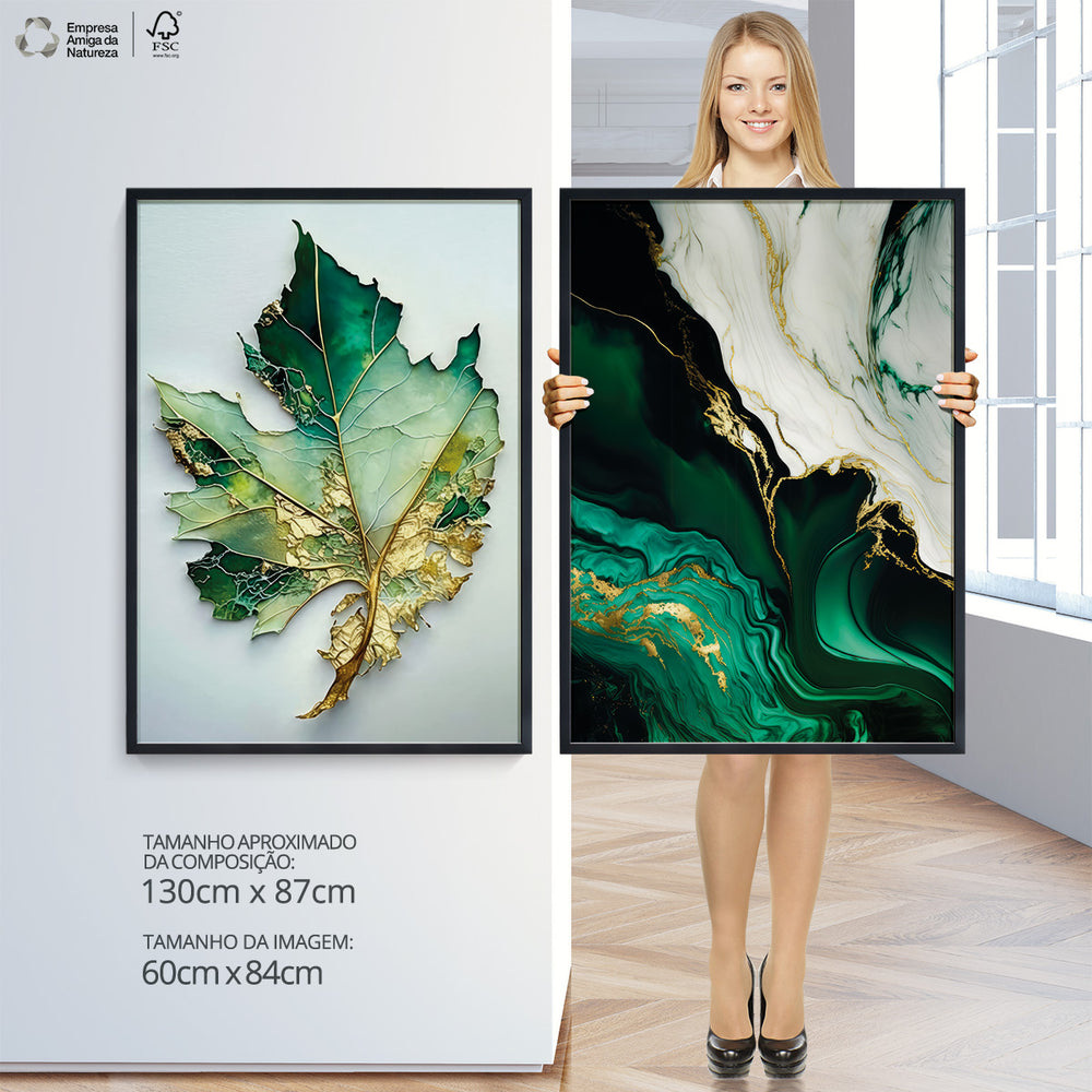 Composição De Quadros Floral Mármore Verde Gold Abstrato