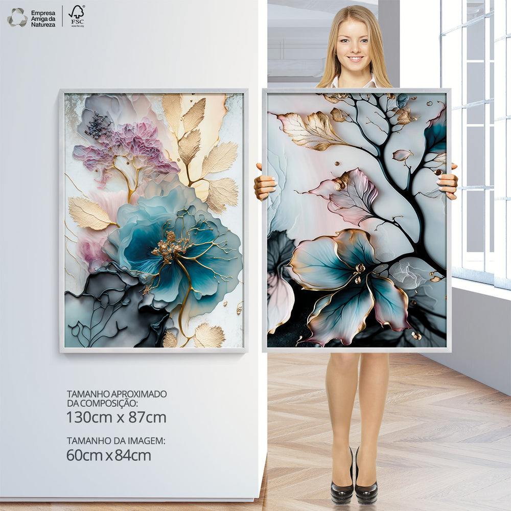 Composição de Quadros Aquarela Floral Botânico Gold