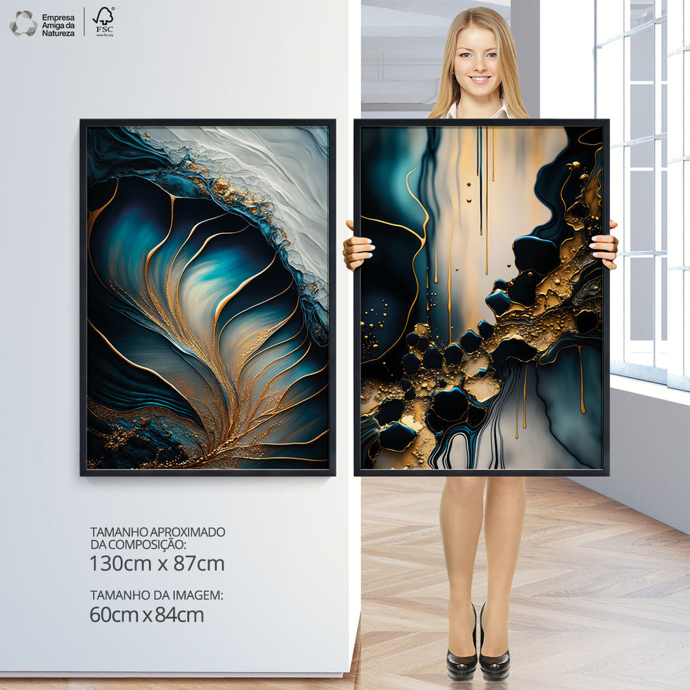 Composição de Quadros Abstrato Mármore Azul Gold