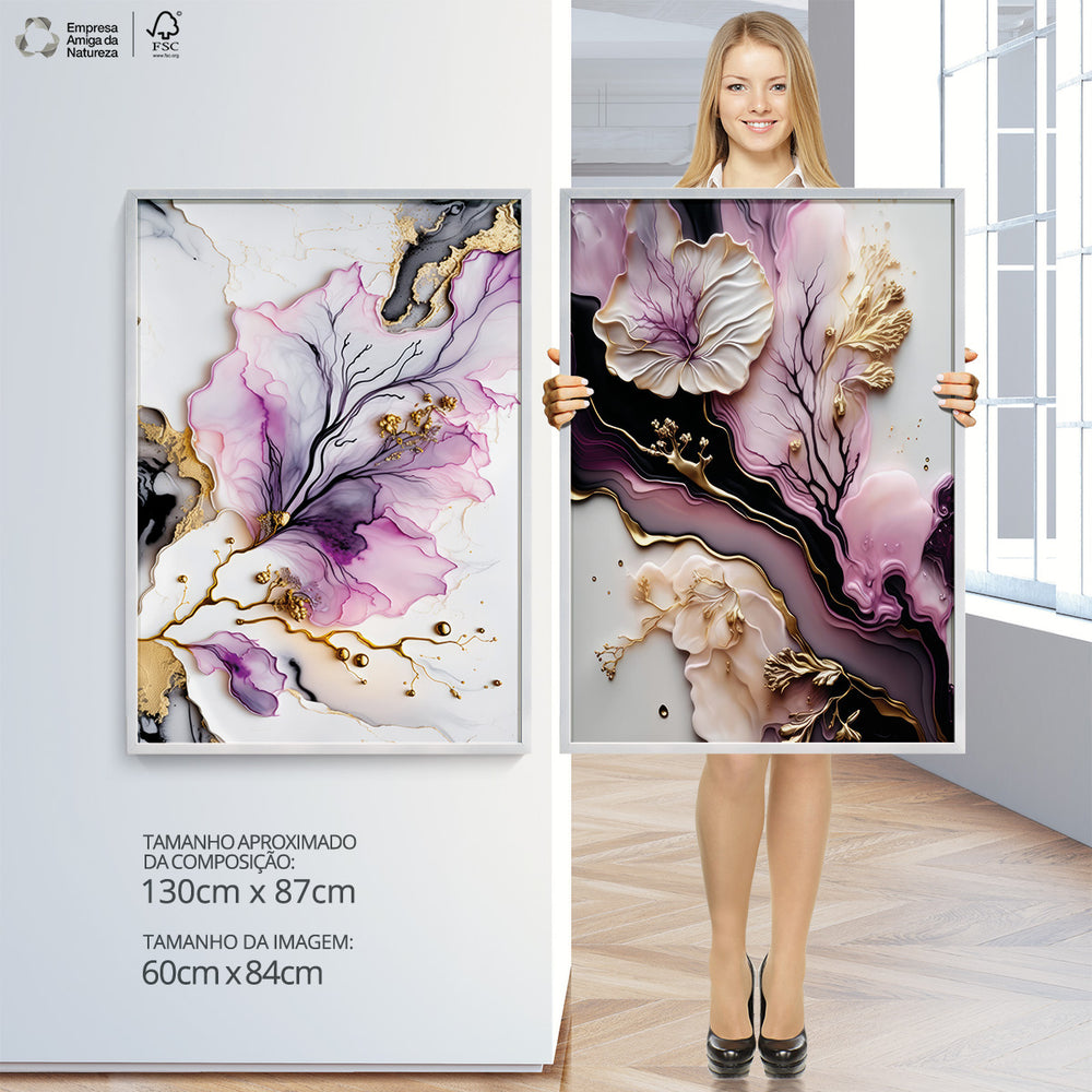 Composição De Quadros Mármore Aquarela Violeta