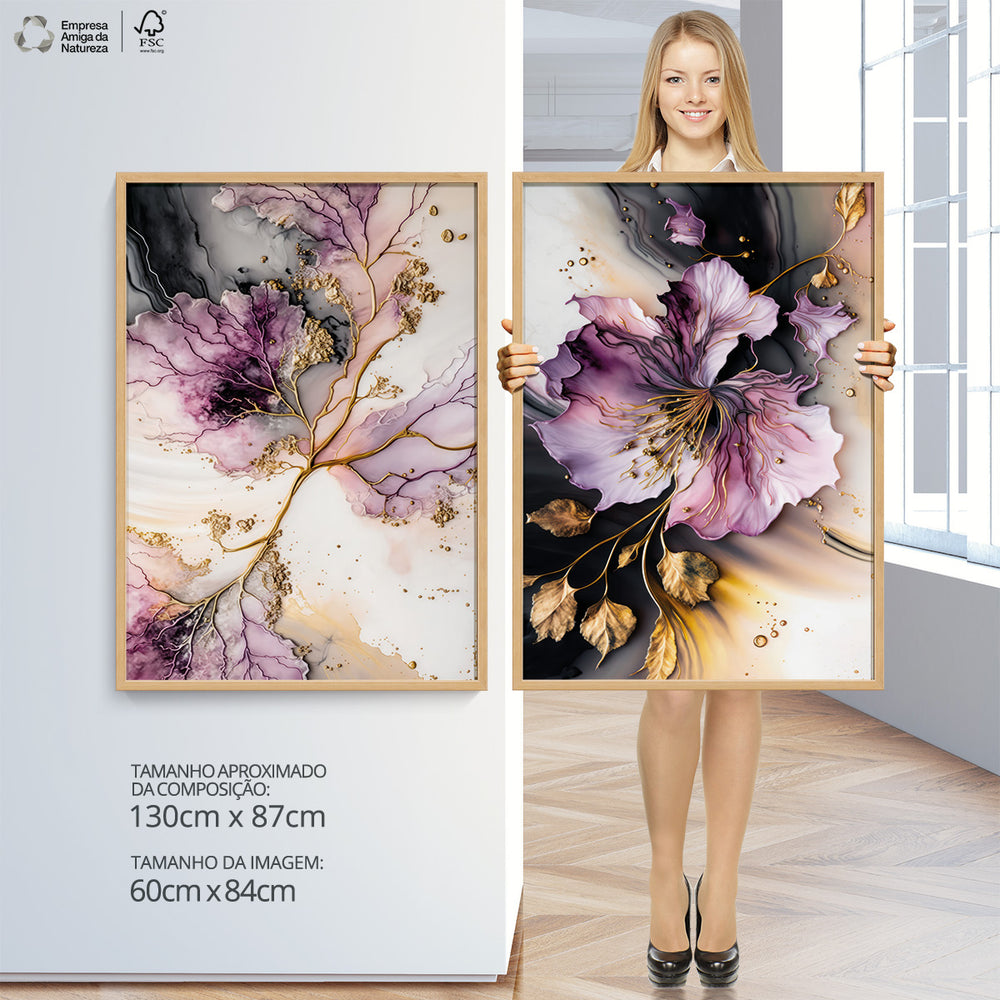 Composição de Quadros Botânico Floral Rosa Gold