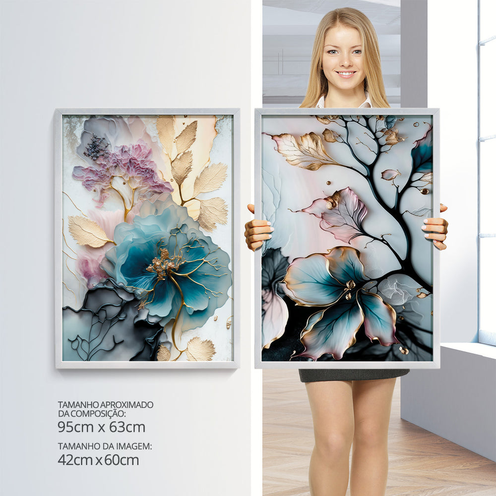Composição de Quadros Aquarela Floral Botânico Gold