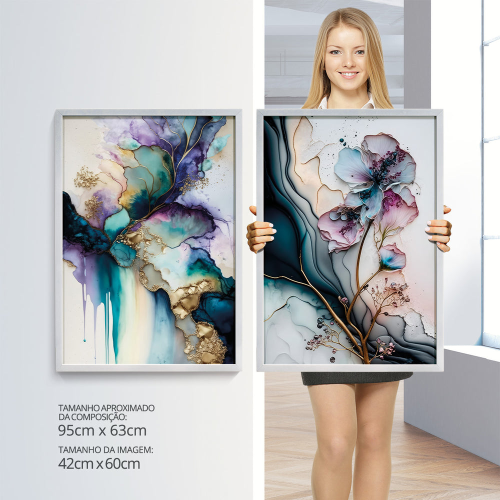 Composição De Quadros Floral Marmorado Abstrato Gold - 60OFF