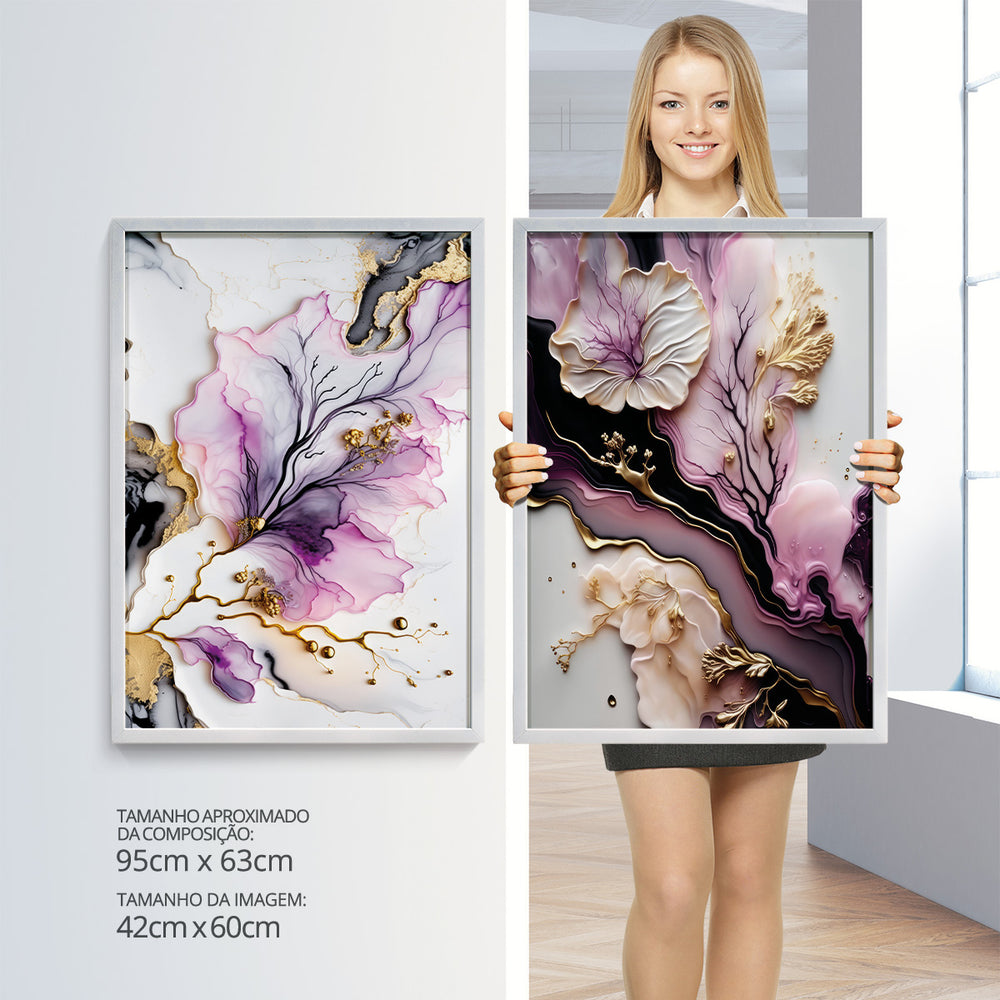 Composição De Quadros Mármore Aquarela Violeta