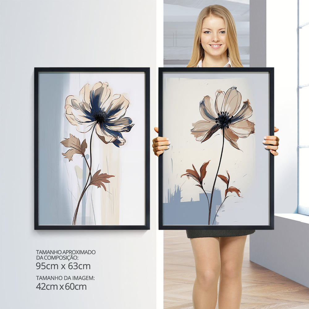 Composição de Quadros Floral Abstrato Azul