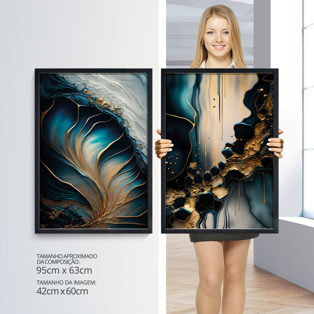Composição de Quadros Abstrato Mármore Azul Gold