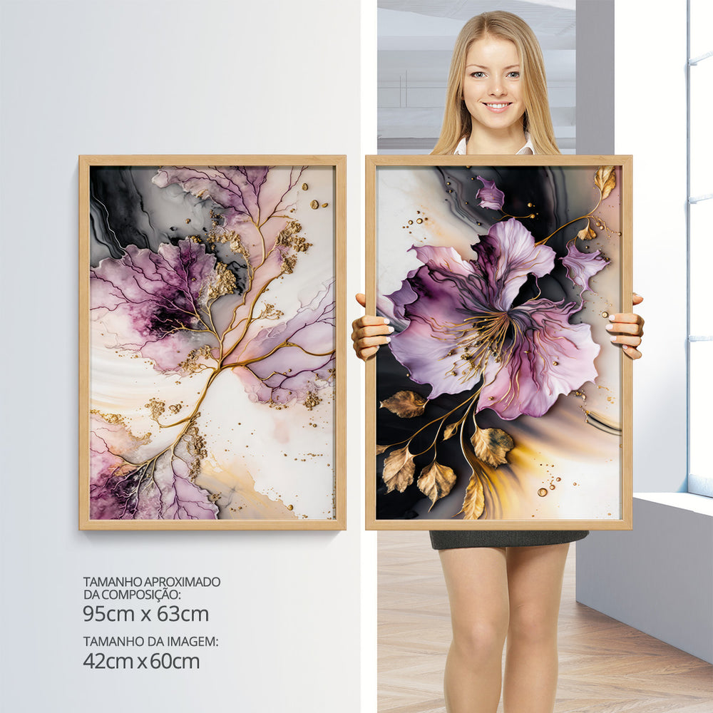 Composição de Quadros Botânico Floral Rosa Gold
