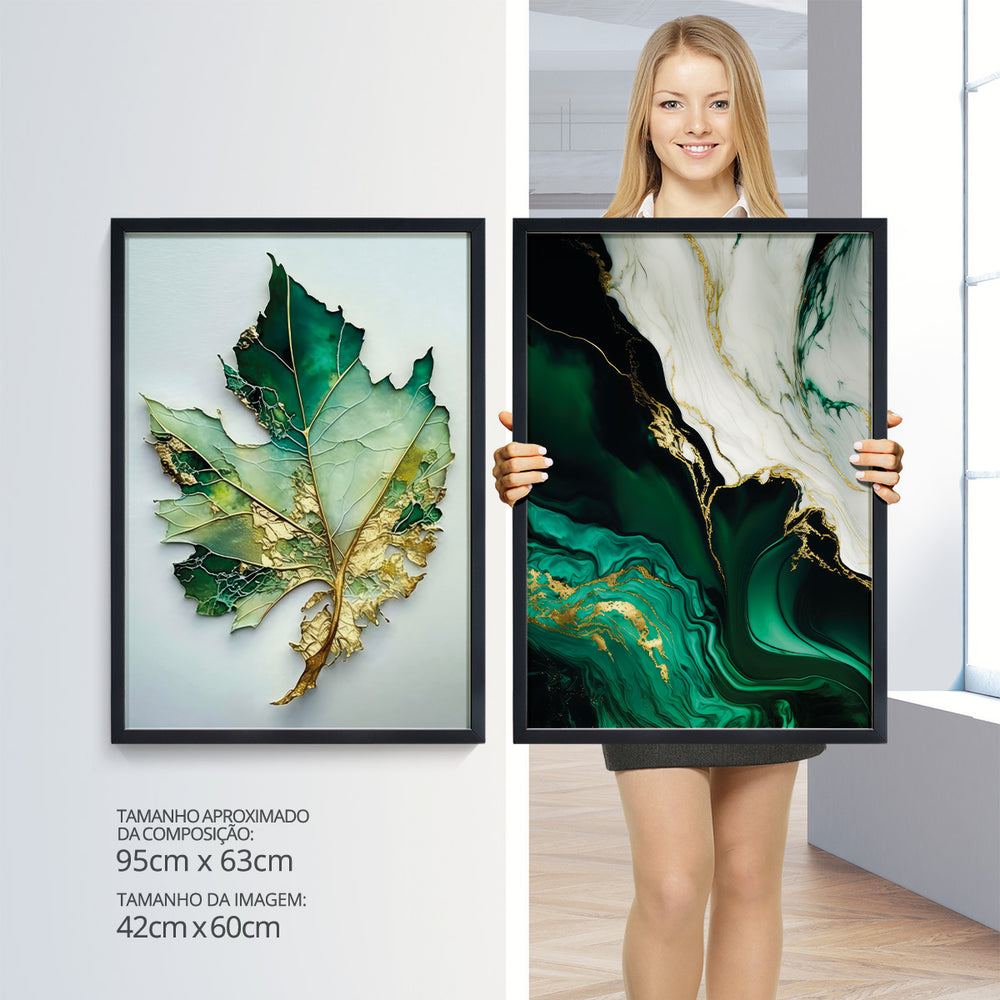 Composição De Quadros Floral Mármore Verde Gold Abstrato