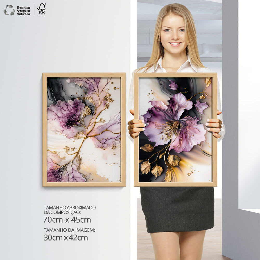 Composição de Quadros Botânico Floral Rosa Gold