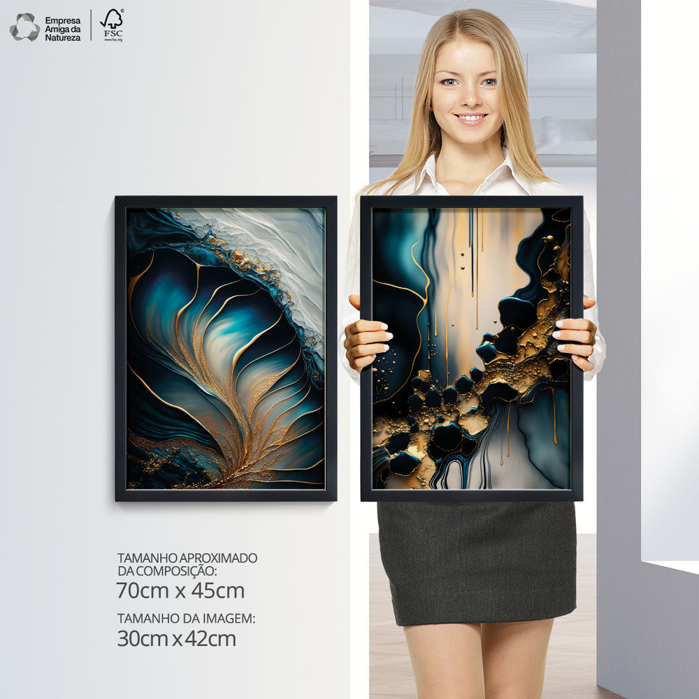 Composição de Quadros Abstrato Mármore Azul Gold